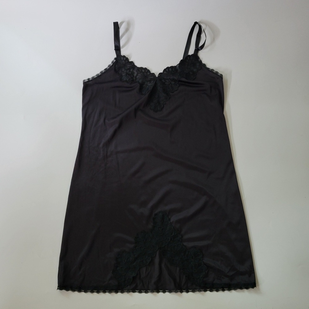 Vintage Shadowline Black Nylon Lace Mini Slip Dress 34 Lace Coquette Romantic